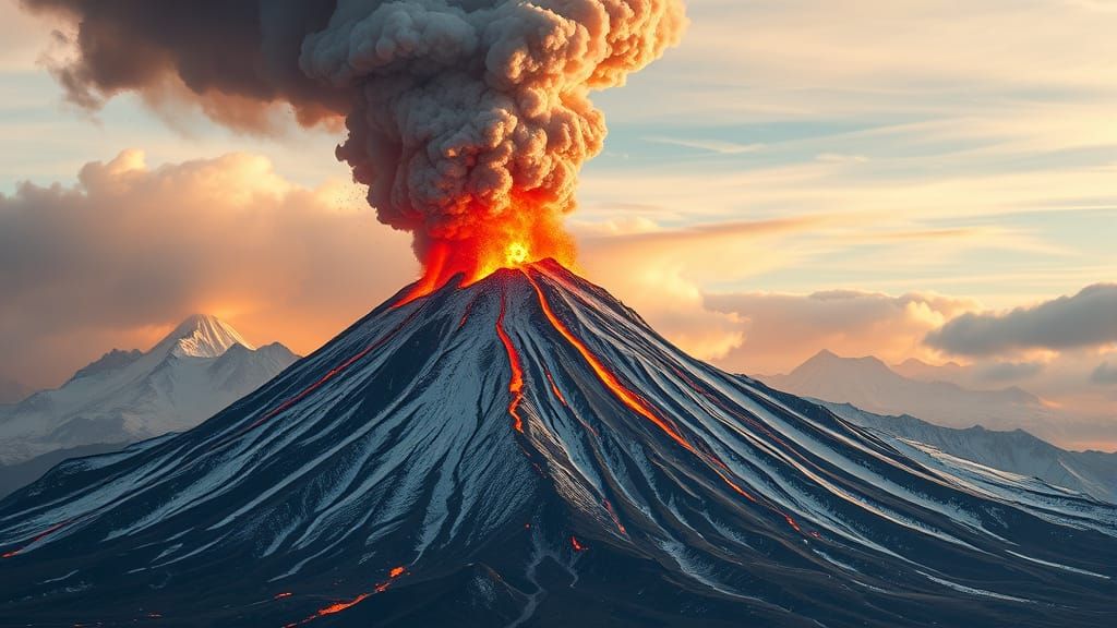 Majestic Volcano Eruption Amidst Snowy Peaks