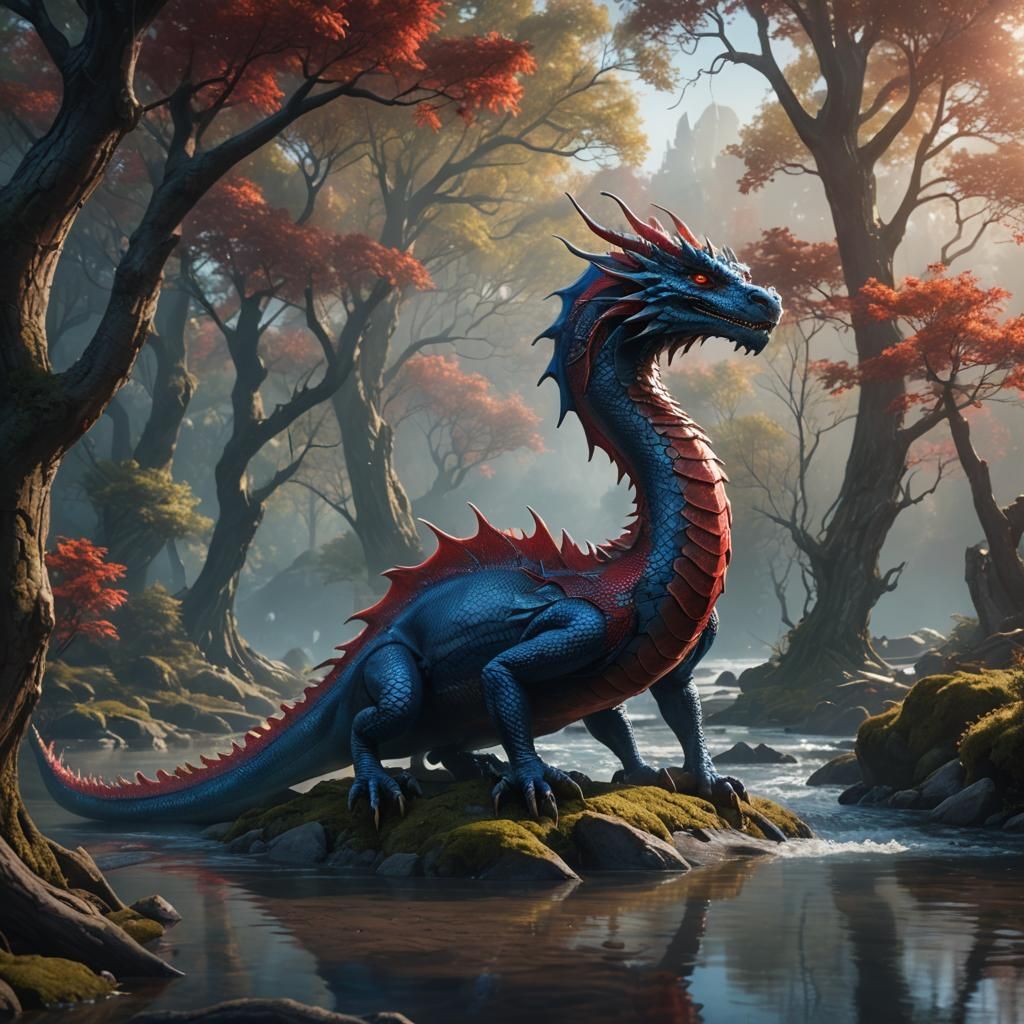 Red and Blue Dragon by River in Rutkowski Style