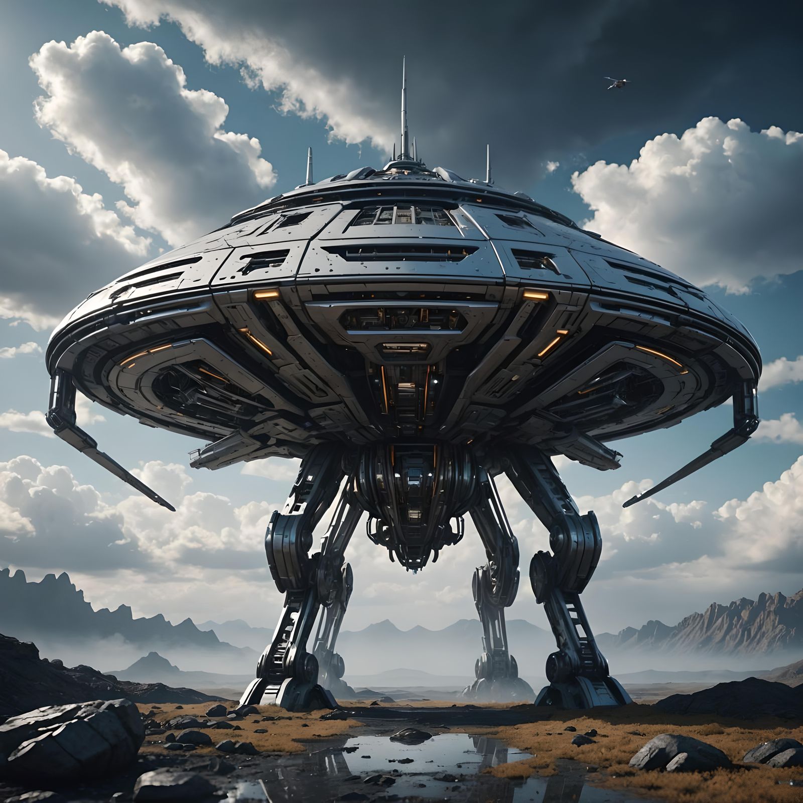 Futuristic Spaceship Emerges from Clouds: Sci-Fi Art