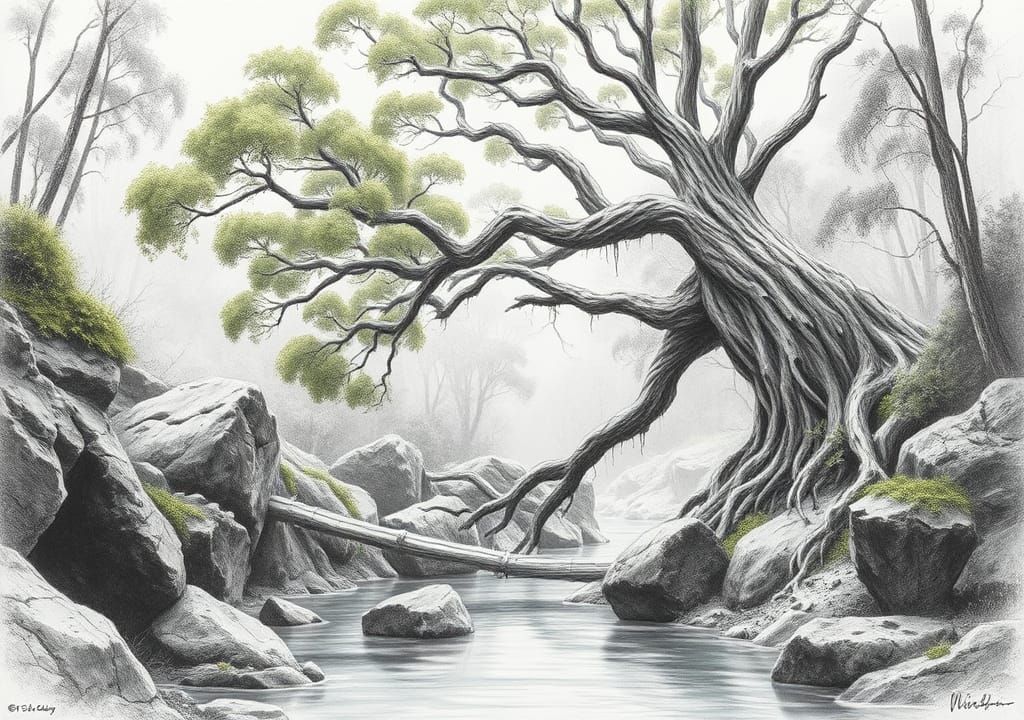 Eucalyptus Tree Graphite Sketch in Australian Forest