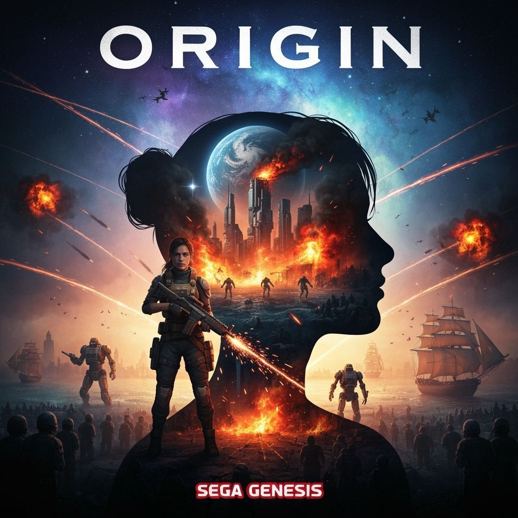 Sci-Fi Warrior Video Game Cover in Double Exposure Style