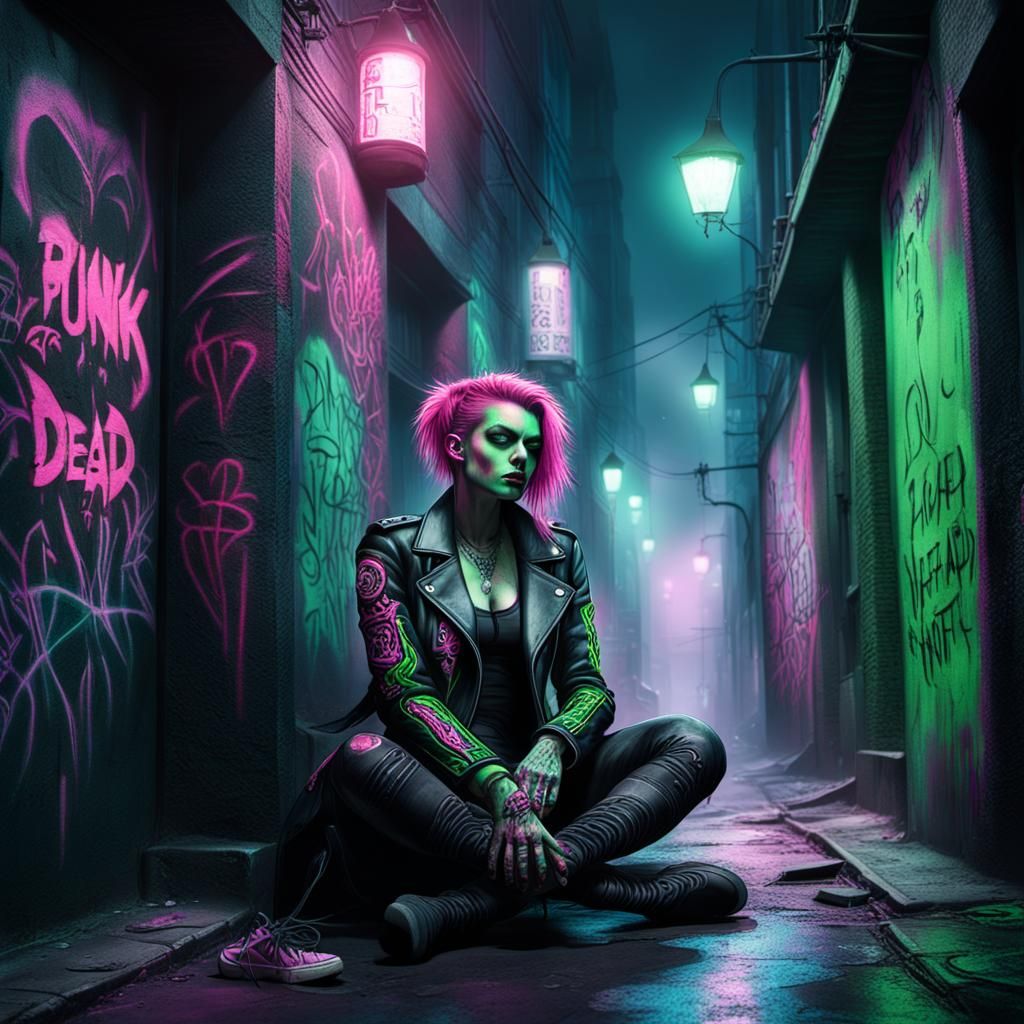 German Punk Girl in Foggy Alley, Detailed Matte Painting