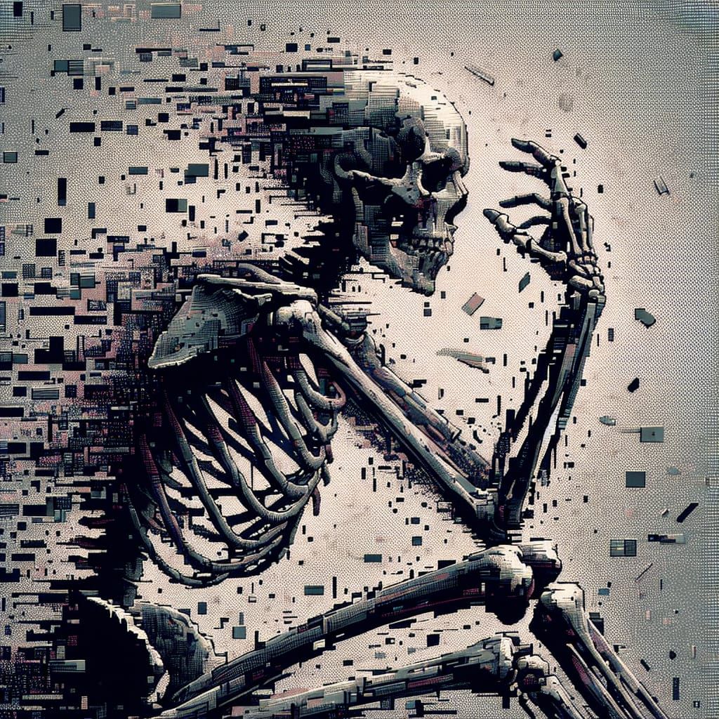 Skeleton Disintegration in Apocalyptic Glitch Art Style