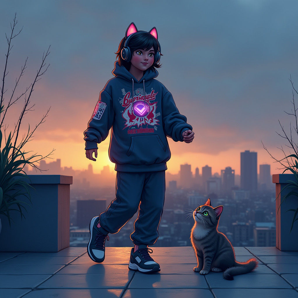Rooftop Dancer with Cat in Dreamy Digital Art