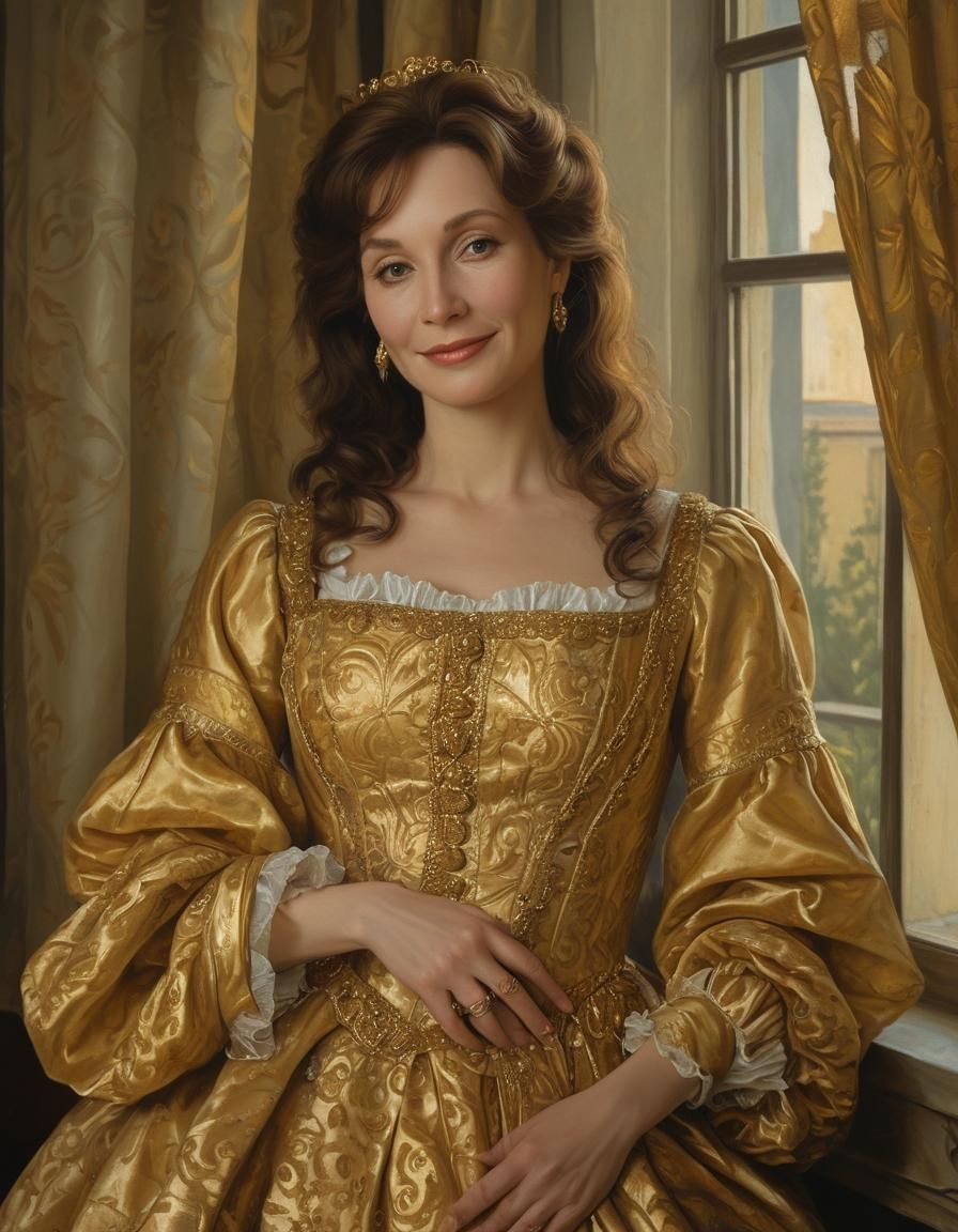 Loretta Lynn, shy smile, half body portrait, Botticelli