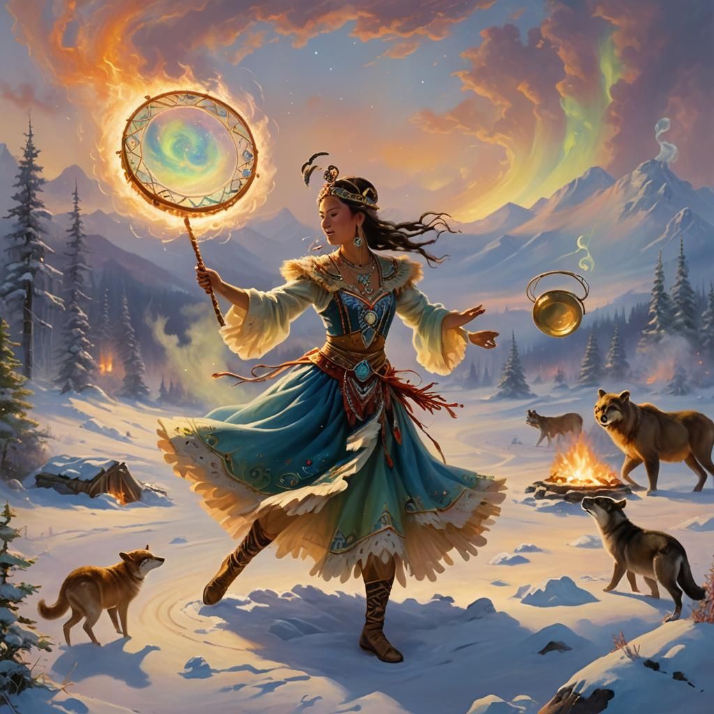 Whimsical Shamanic Dance Under the Northern Lights