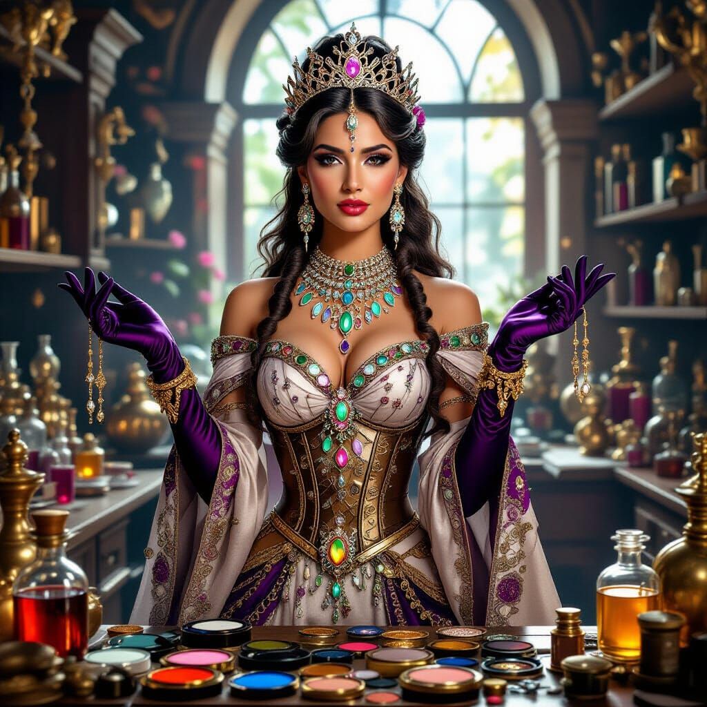 Opulent Queen in Alchemist's Lab: Digital Art