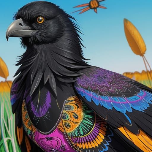 Psychedelic Scarecrow and Raven in Vibrant Digital Art