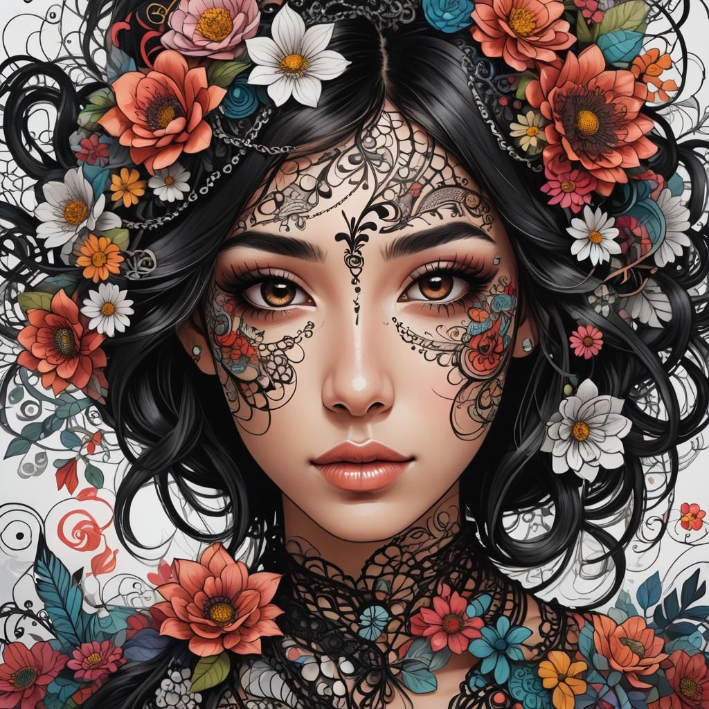 Girl with Doodle Art Portrait in Zentangle Style