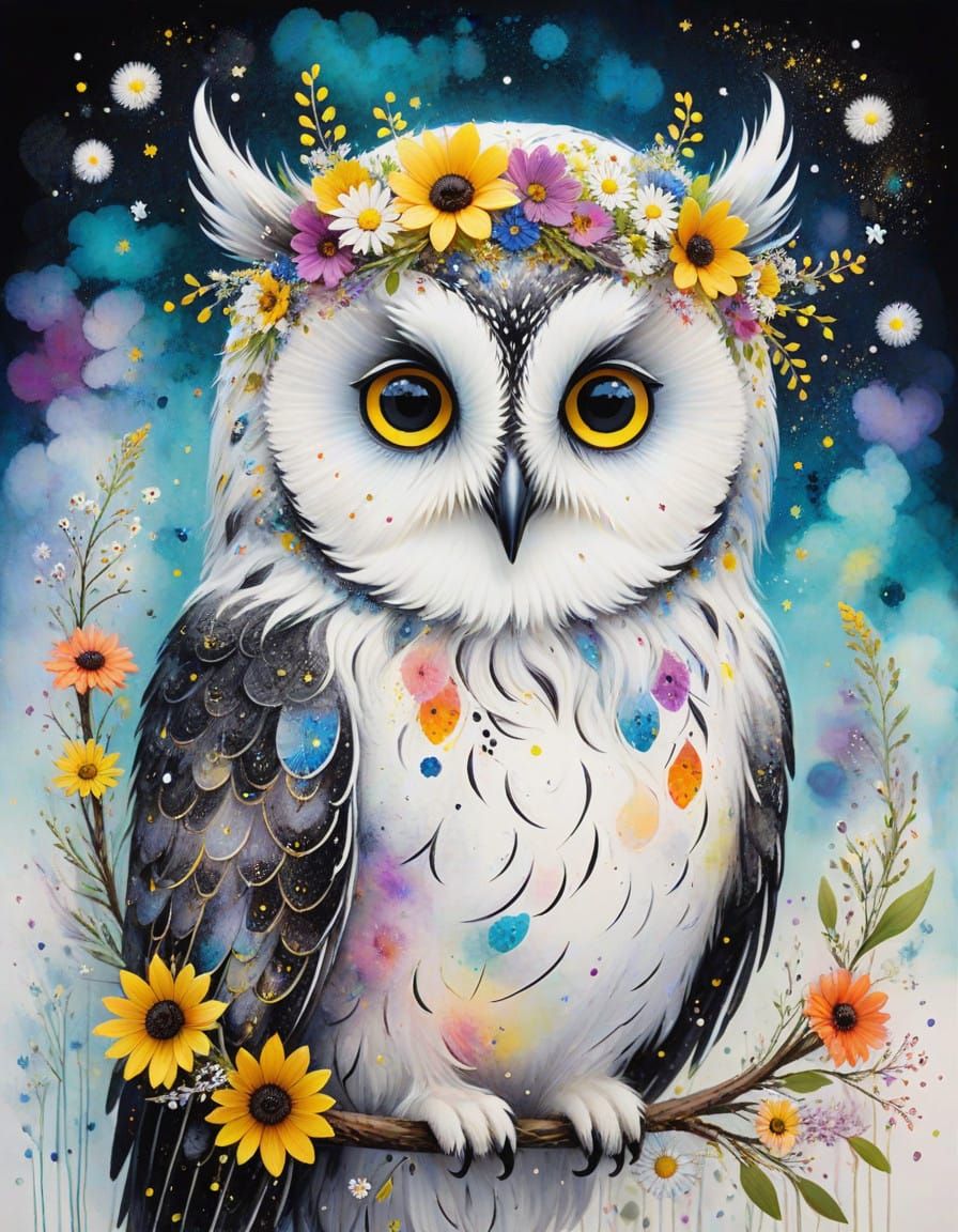 Ethereal Whimsical Owl in Colorful Wildflower Wreath