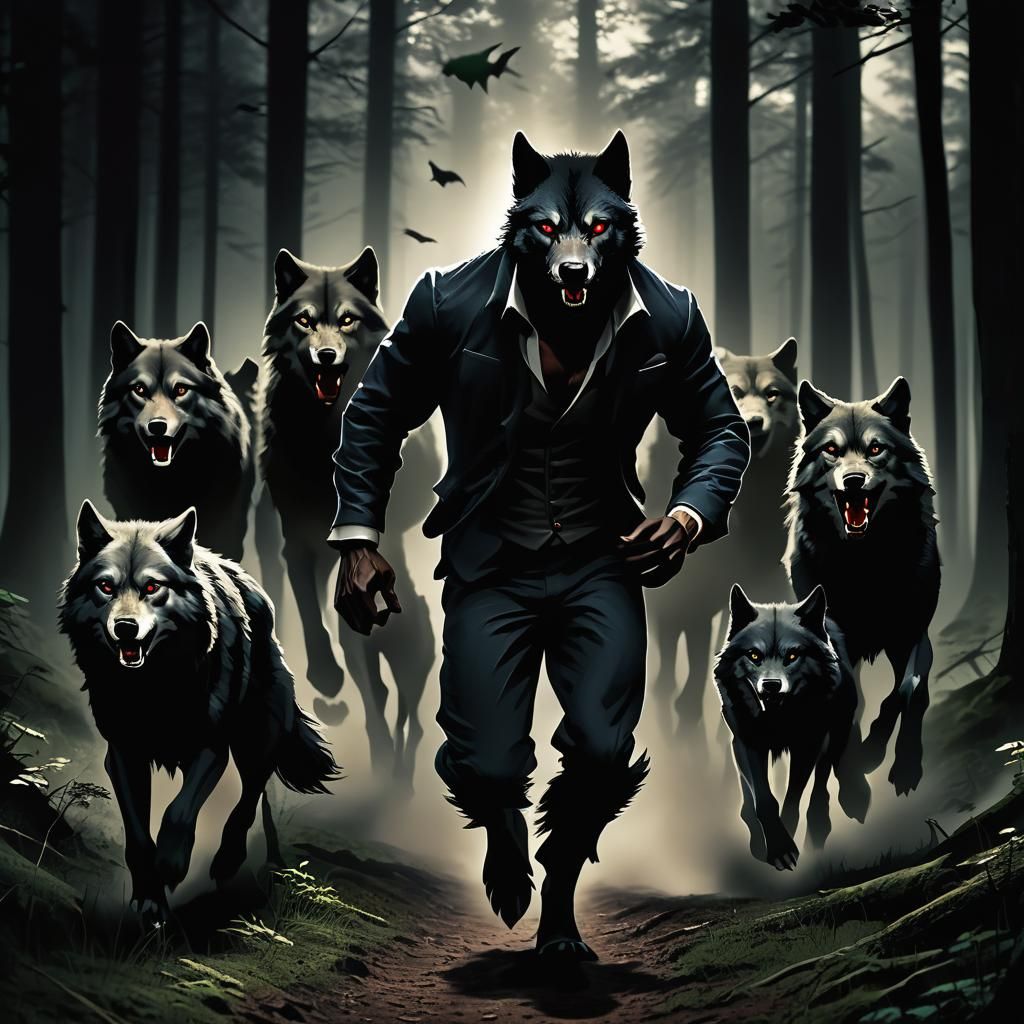 Stylish Werewolf Leading Pack Through Dark Woods