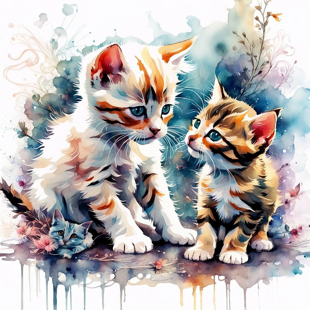 Adorable Kitten and Puppy Watercolor Illustration