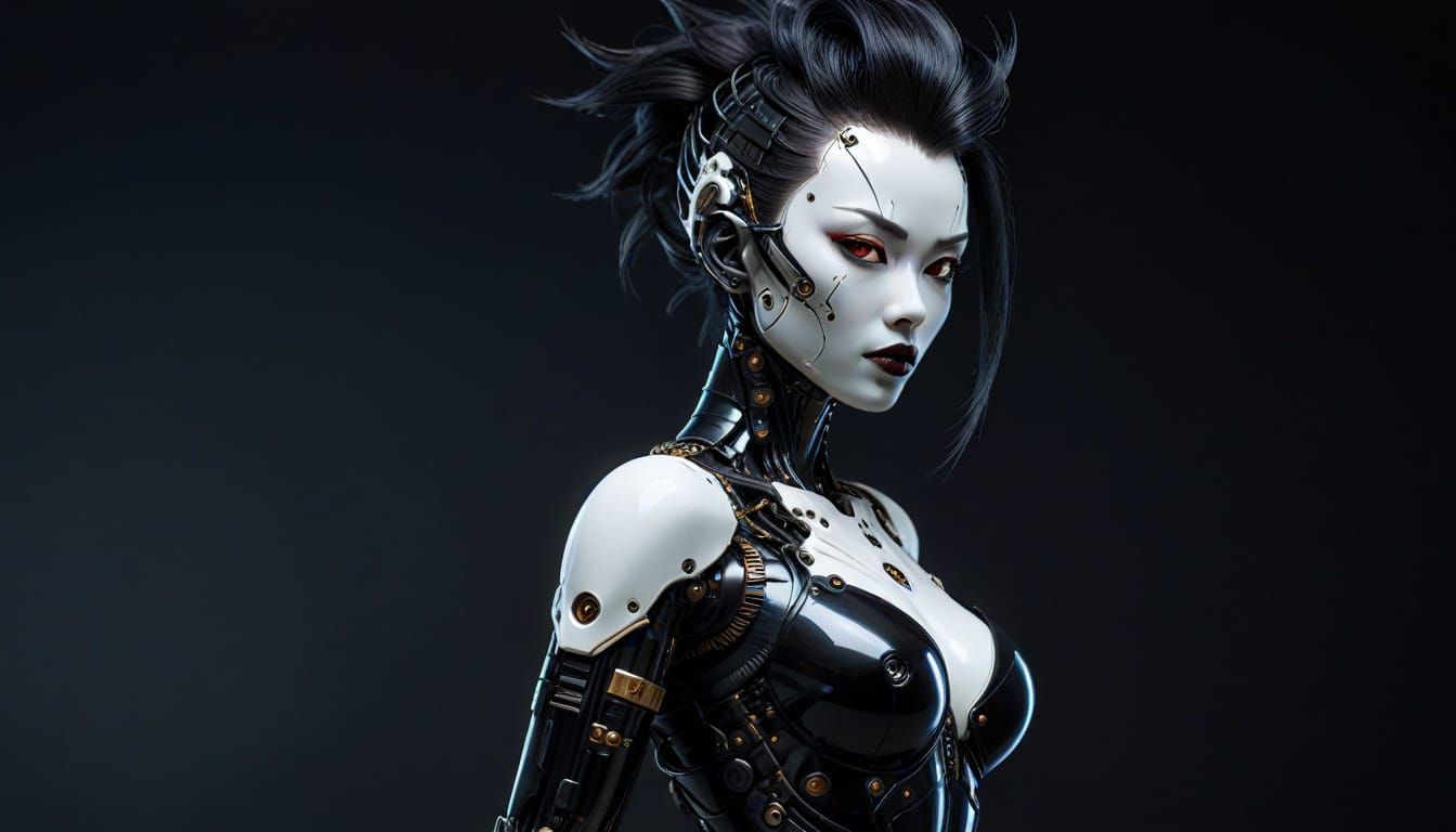 Frightening Japanese Cyborg Robot with Mohawk in Cyberpunk S...