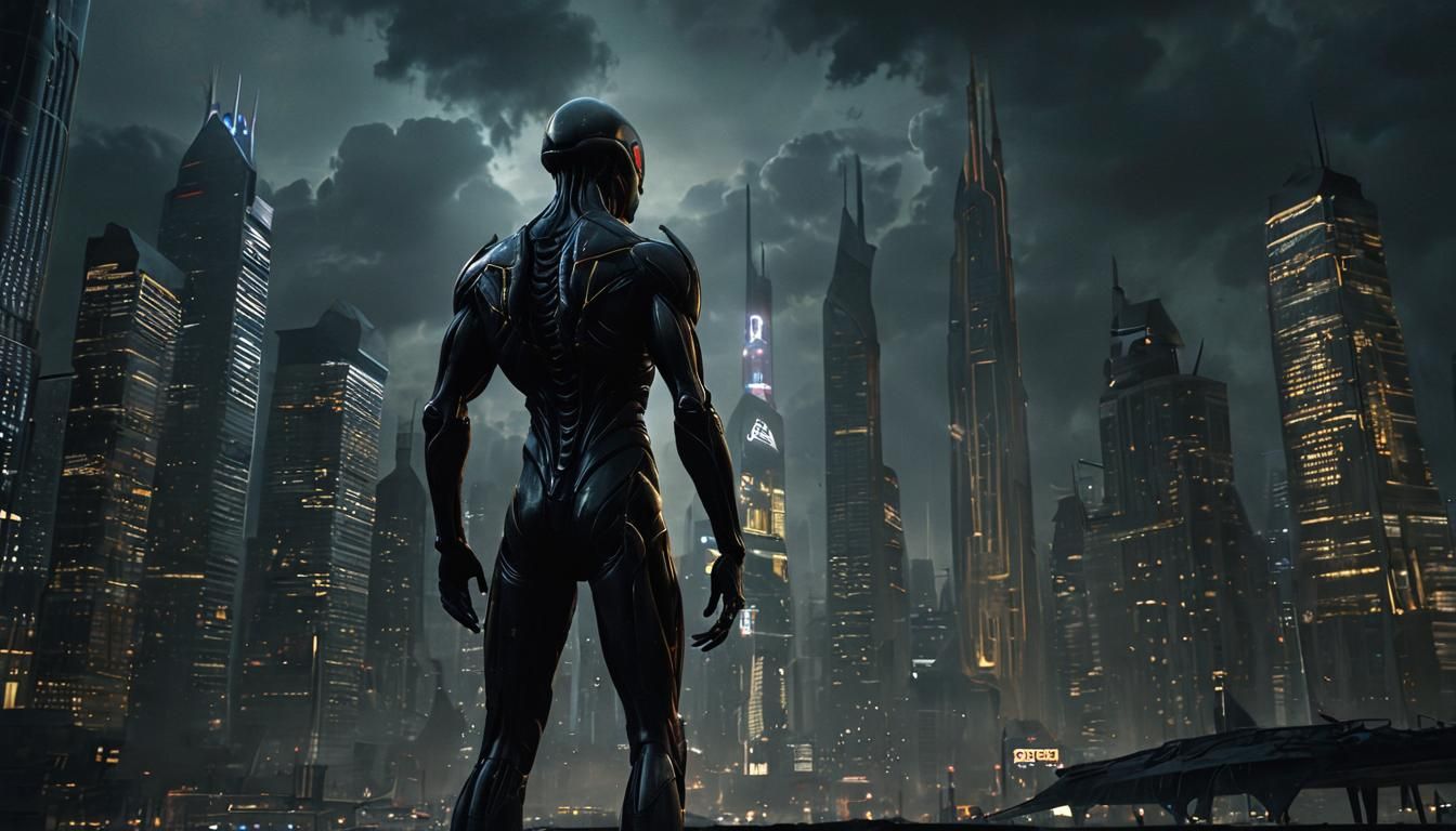 Alien Fugitive in Dark Fantasy Cityscape
