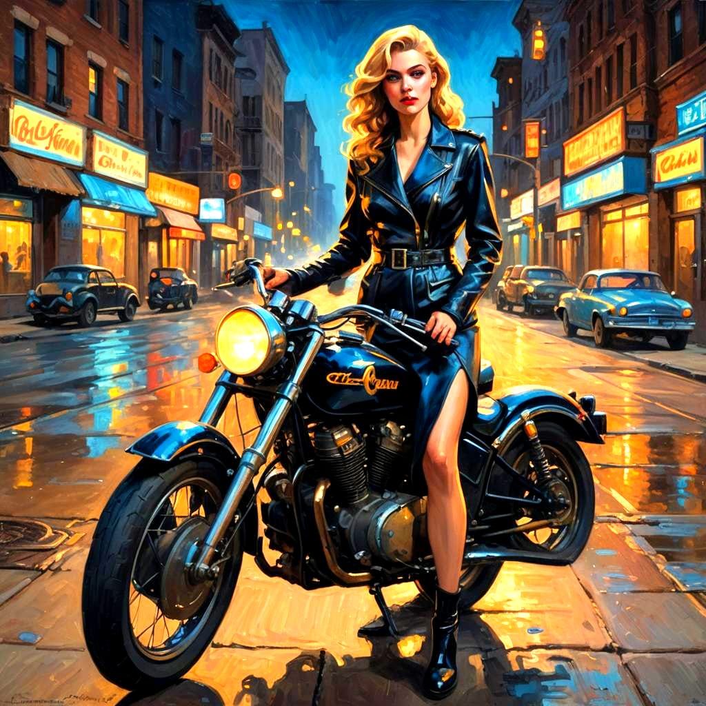Black Canary Superhero on Motorcycle, Vintage Oil Painting