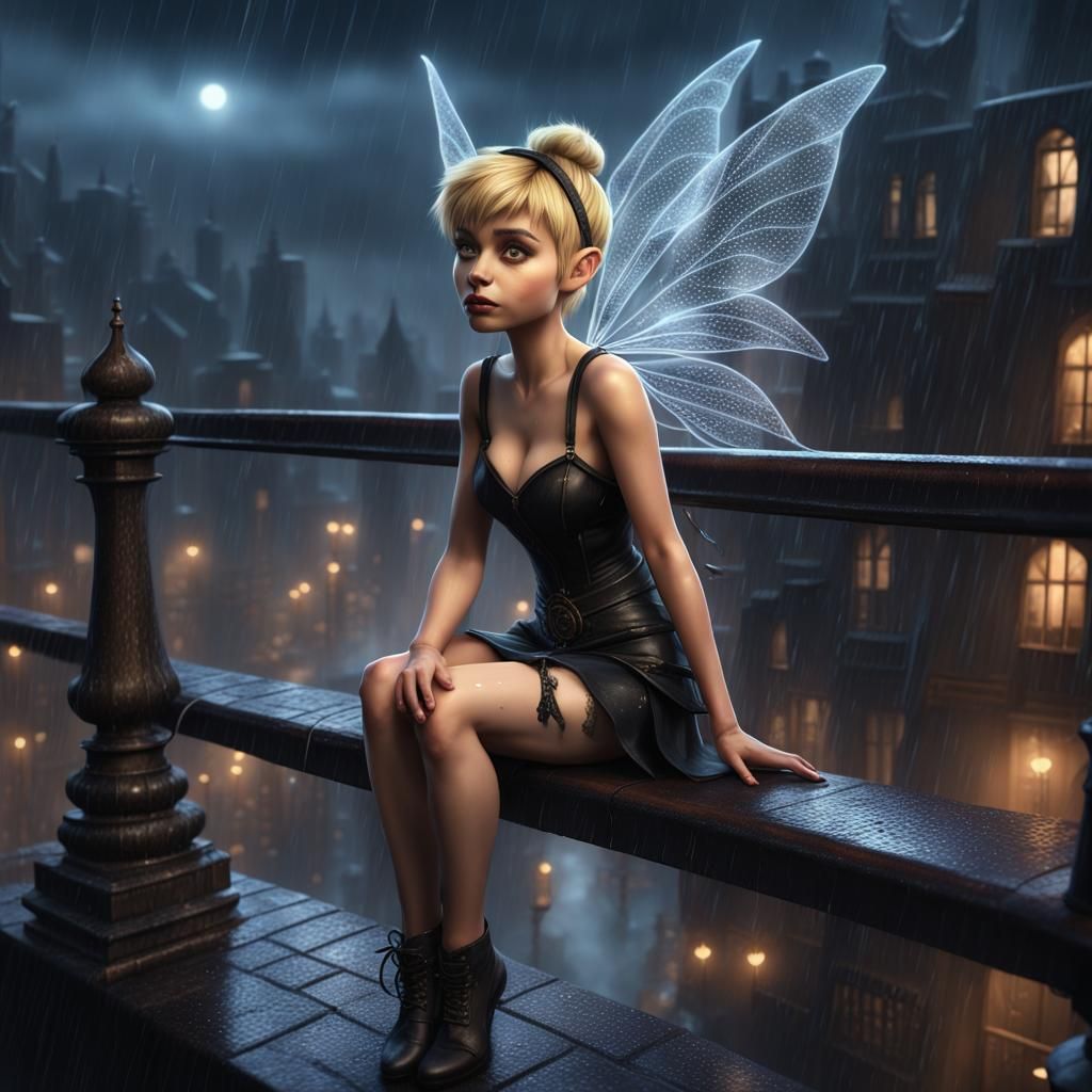 Gothic Tinkerbell in Rainy City, Digital Art