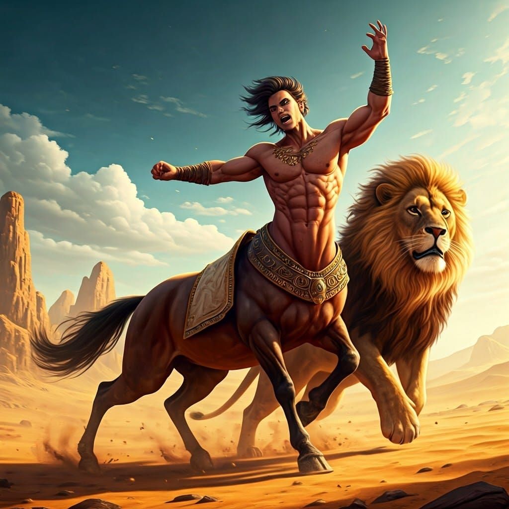 Centaur and Lion Battle in a Surreal Landscape