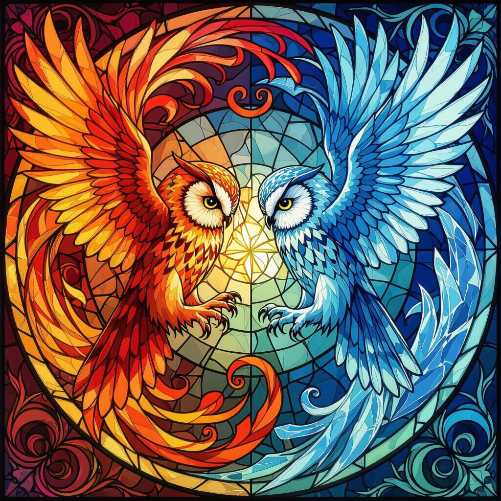 Epic Battle of Fire and Ice Owls in Stained Glass