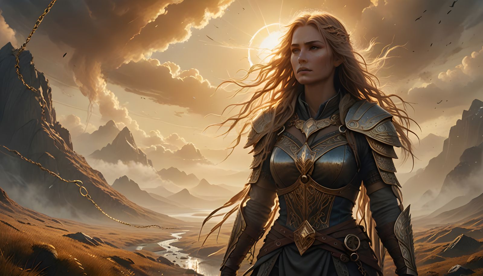 Ethereal Warrior of Nordthra in Sunlit Landscape