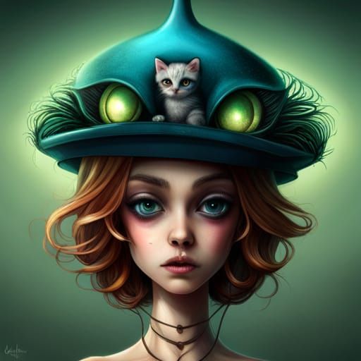 Cute Skeleton Creature with Kitten, Digital Art
