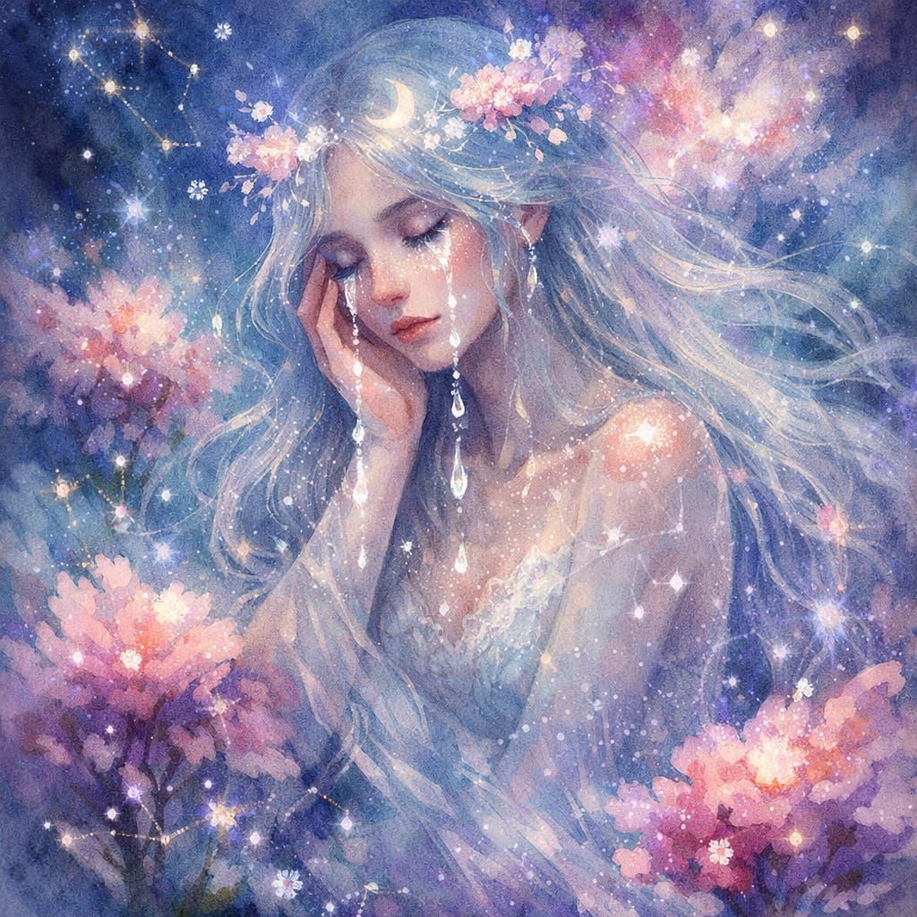 Celestial Nymph Weeping Moonlight Tears in Cosmic Garden