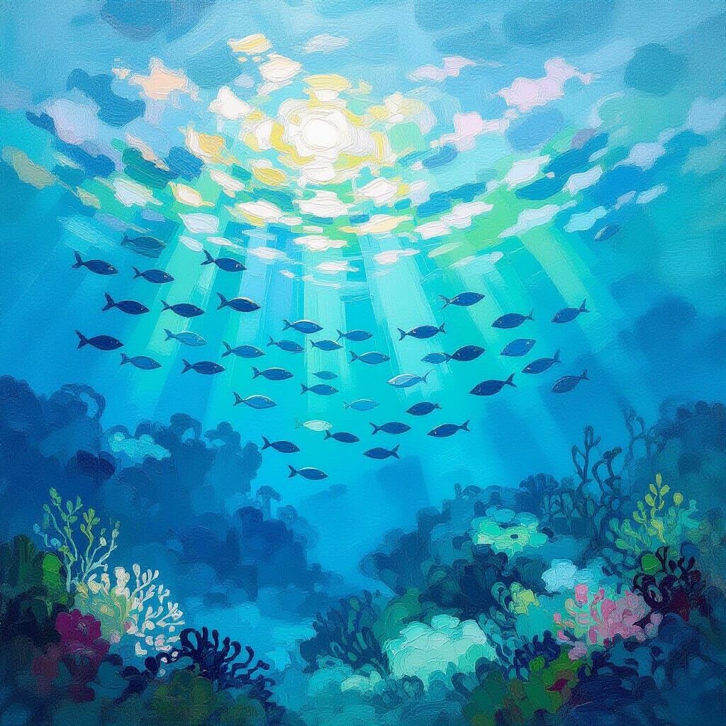 Underwater Impressionism: Fish and Coral in Blue and Green