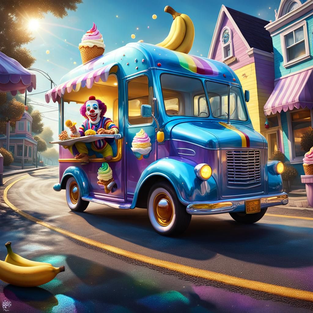 Clown Throws Banana at Ice Cream Truck in Vibrant Fantasy Ar...