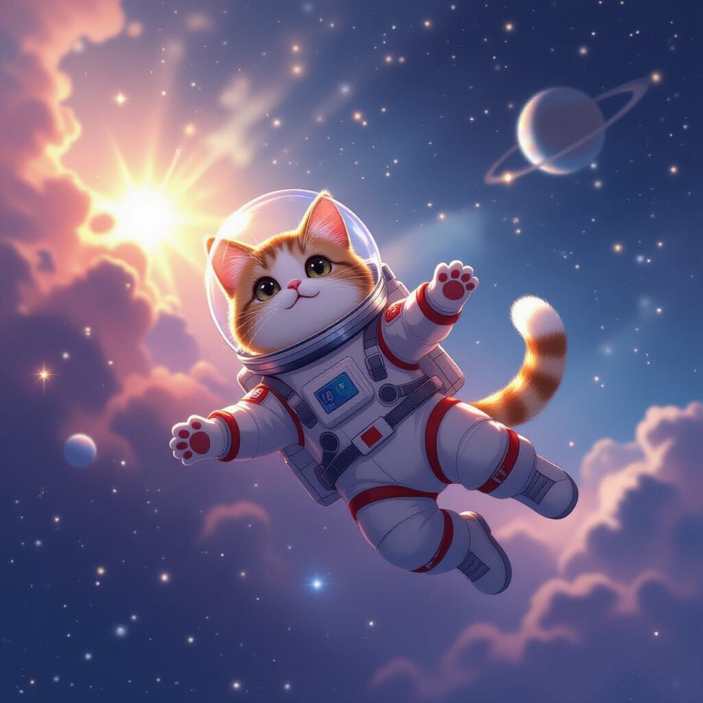 Cat in Spacesuit Floating Through Cosmos: Digital Art