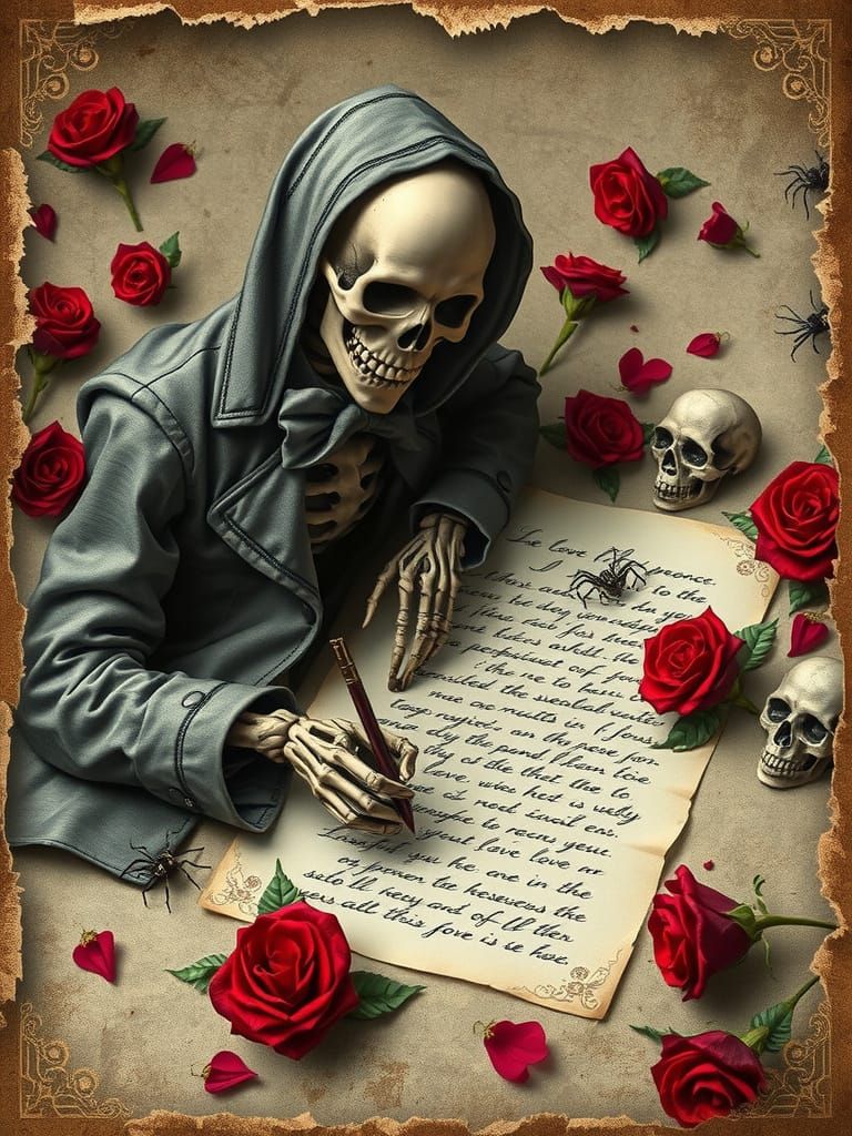 Skeleton Writes Love Letter Amidst Roses and Skulls