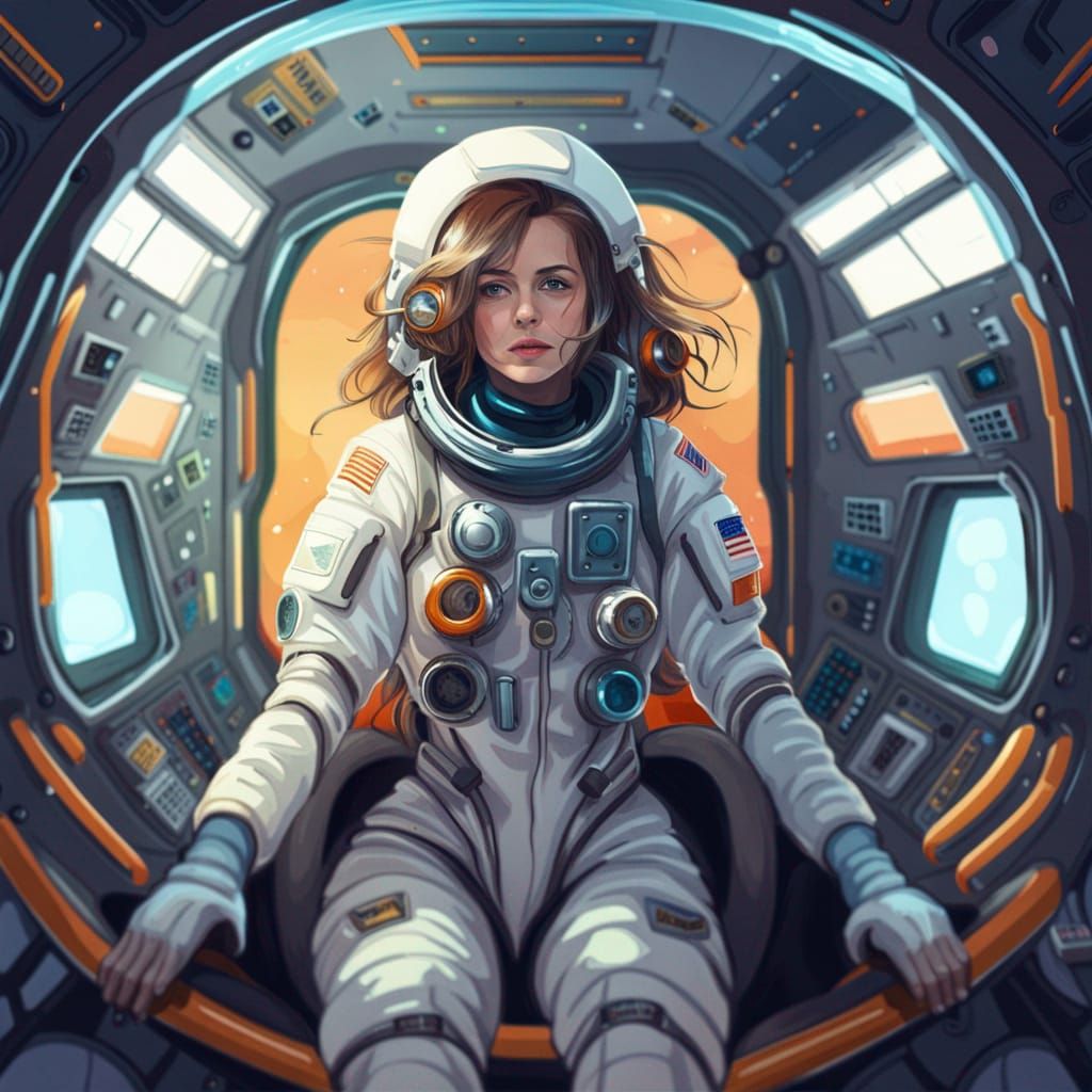 Astronaut girl on a spaceship interior without helmet