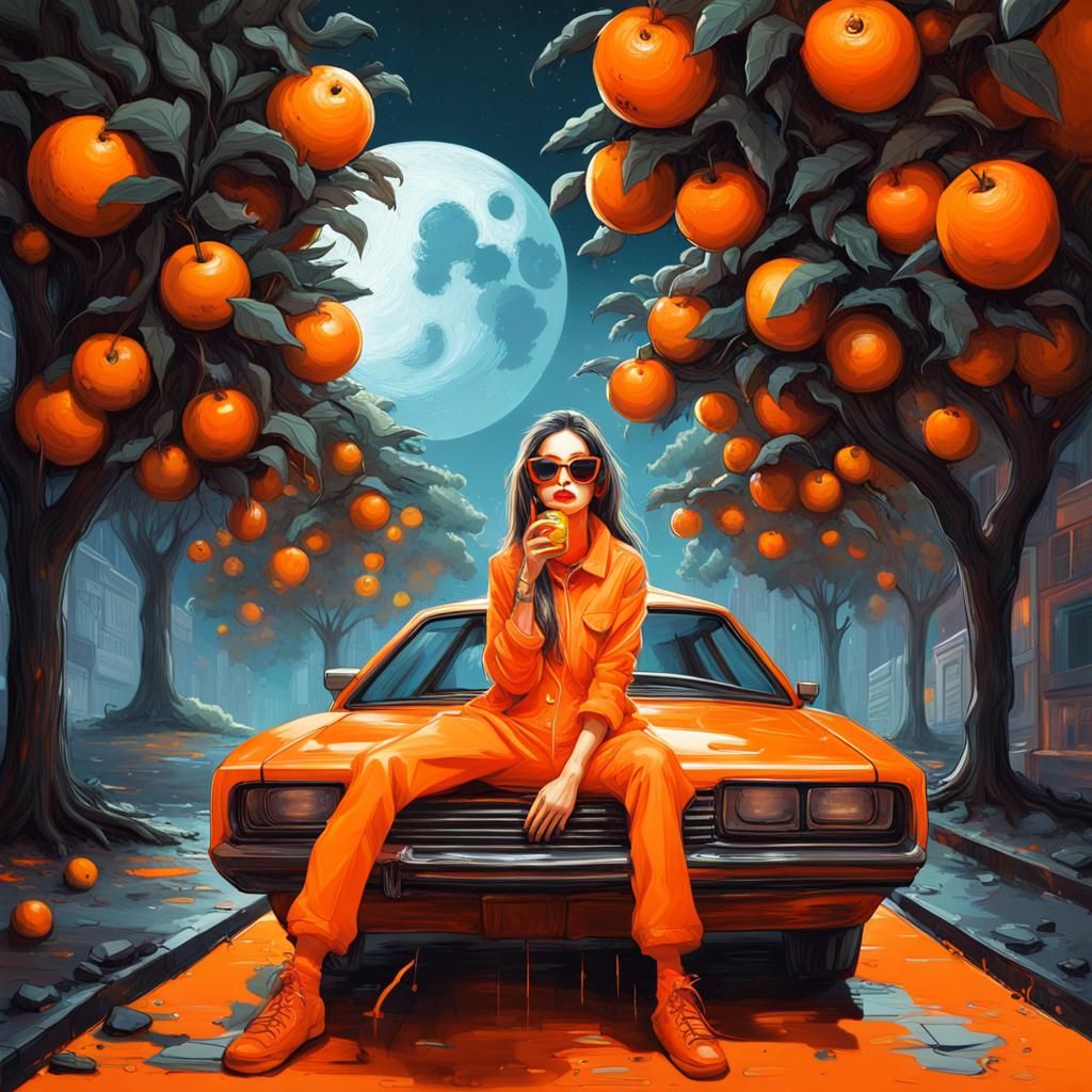 Cyberpunk Lady in Orange Dystopia: Graffiti Art