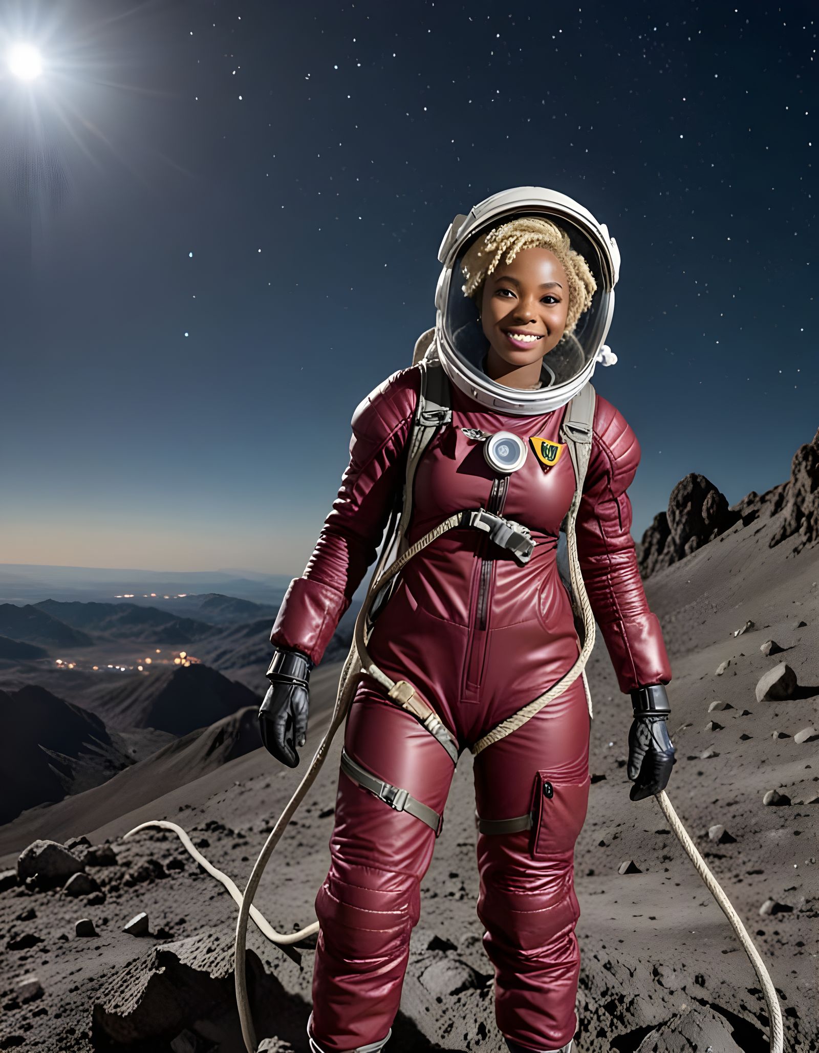 Cameroonian Astronaut Ascends Lunar Mountain in Burgundy Spa...