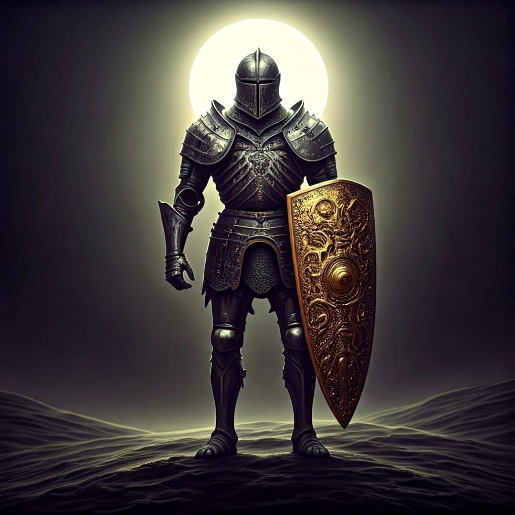 Golden Knight Emerges from Mystical Light