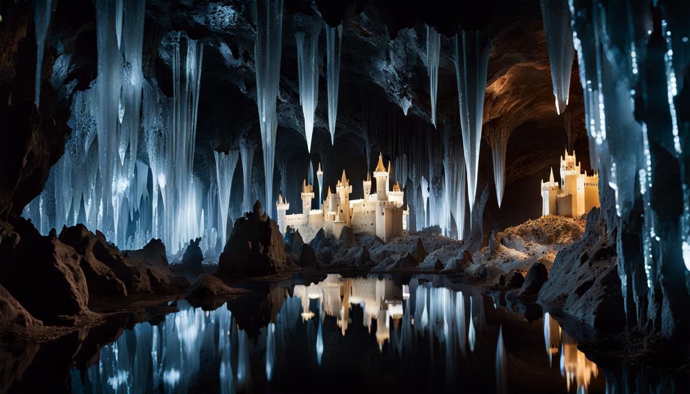 Luminescent Crystal Castle in Dark Cave