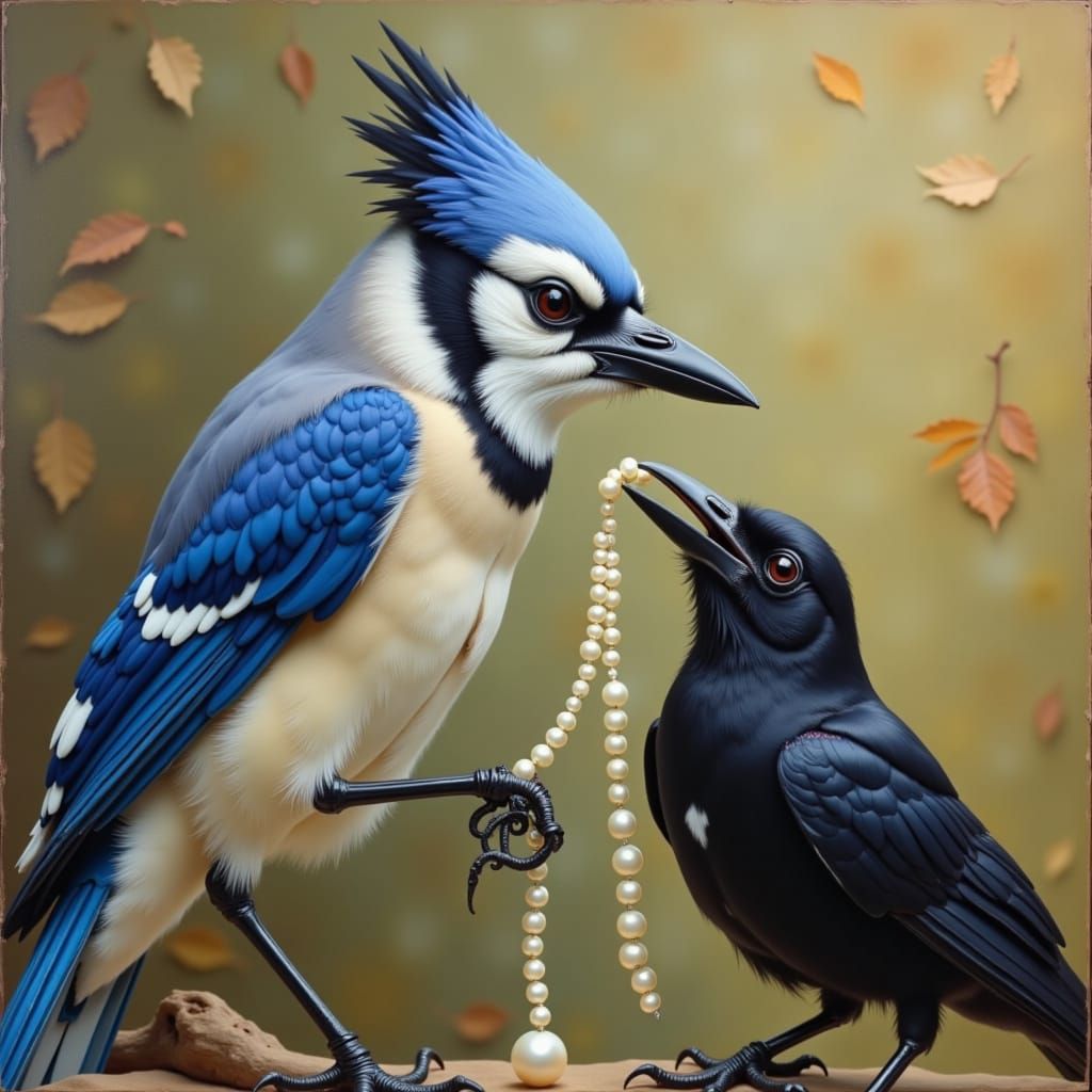Bluejay Gifts Pearls to Crow in Detailed Illustration