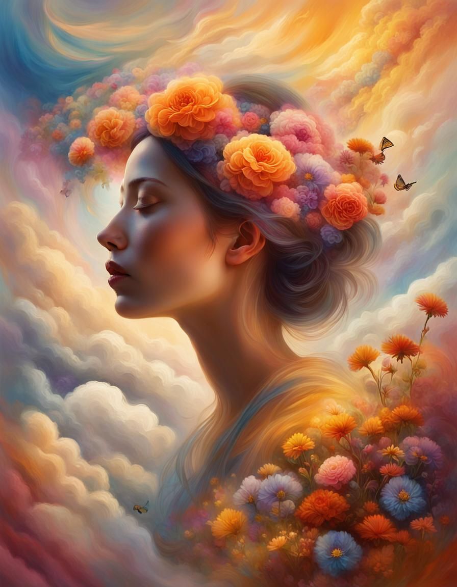 Surreal Woman Surrounded by Clouds and Flowers