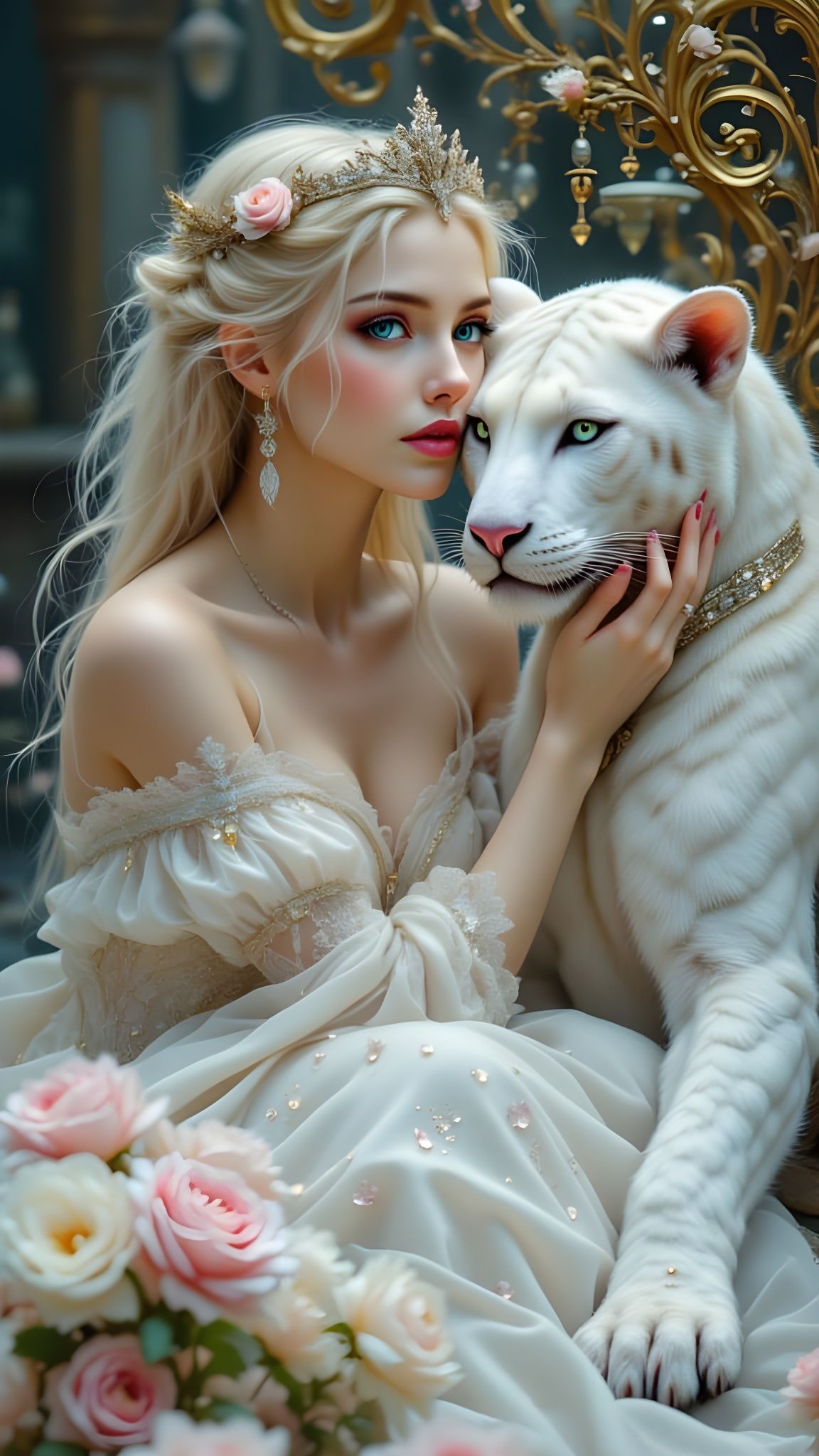 Ethereal Woman and White Panther in Opulent Castle Hall