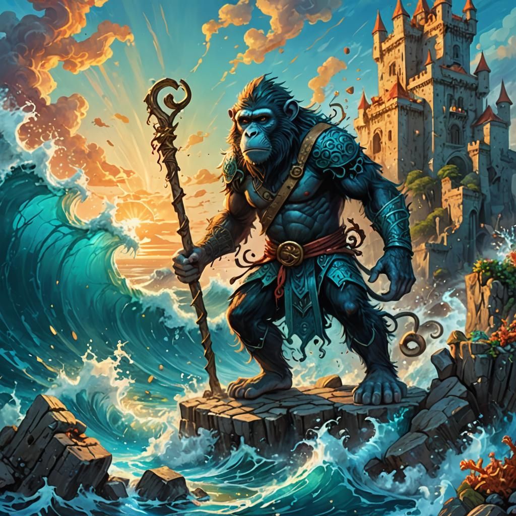 Monkey Man Destroys Ocean Castle in Fantasy Art