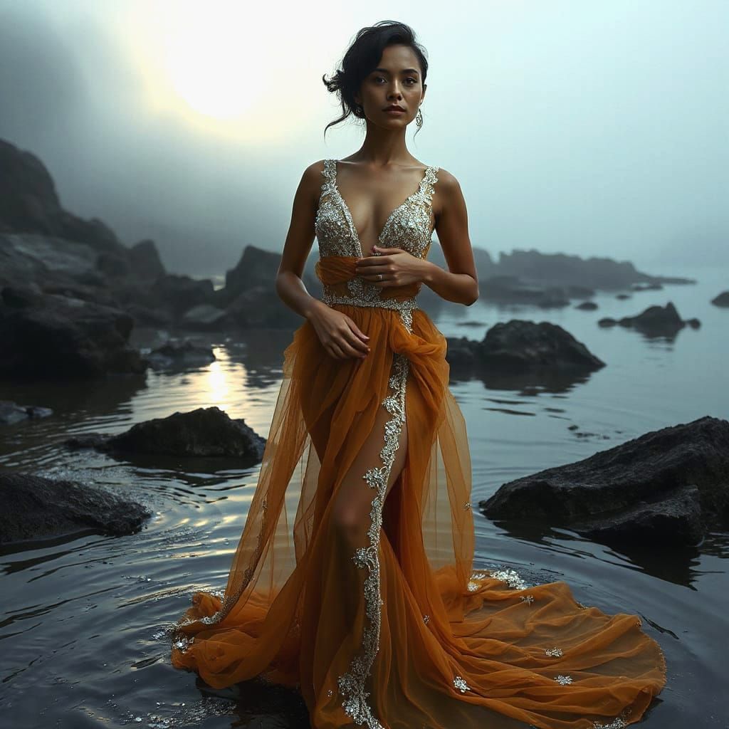 Mystical Cuban Woman in Amber Gown