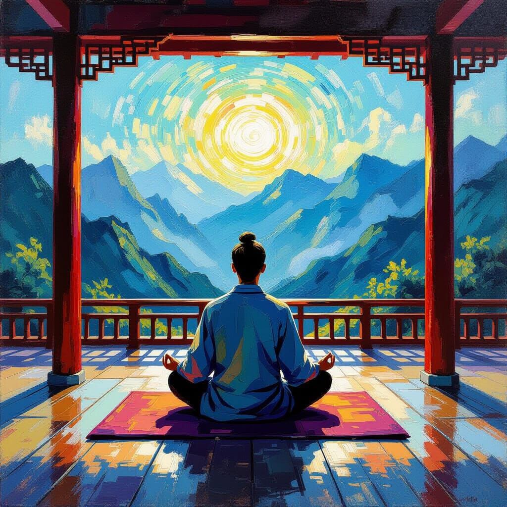 Meditating Figure in Glowing Dojo: Neo-Impressionist Oil Pai...