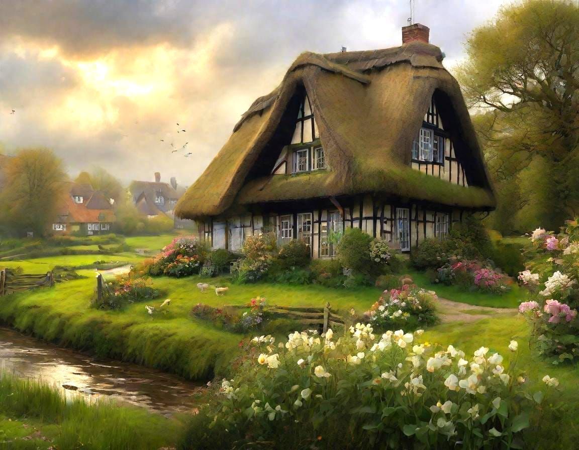 Idyllic Thatched Roof House with Spring Garden