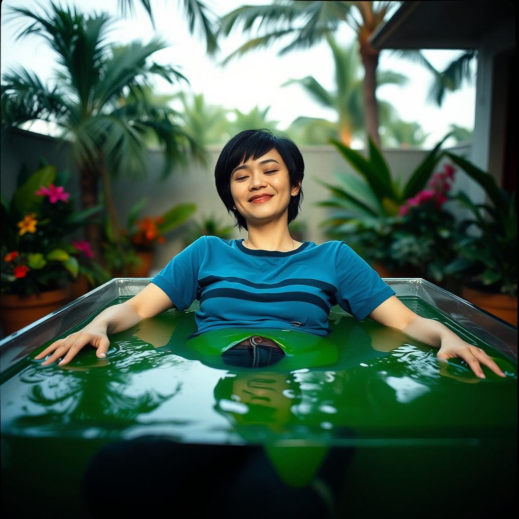 Serene Woman Relaxing in Green Slime, Cinematic Film Still