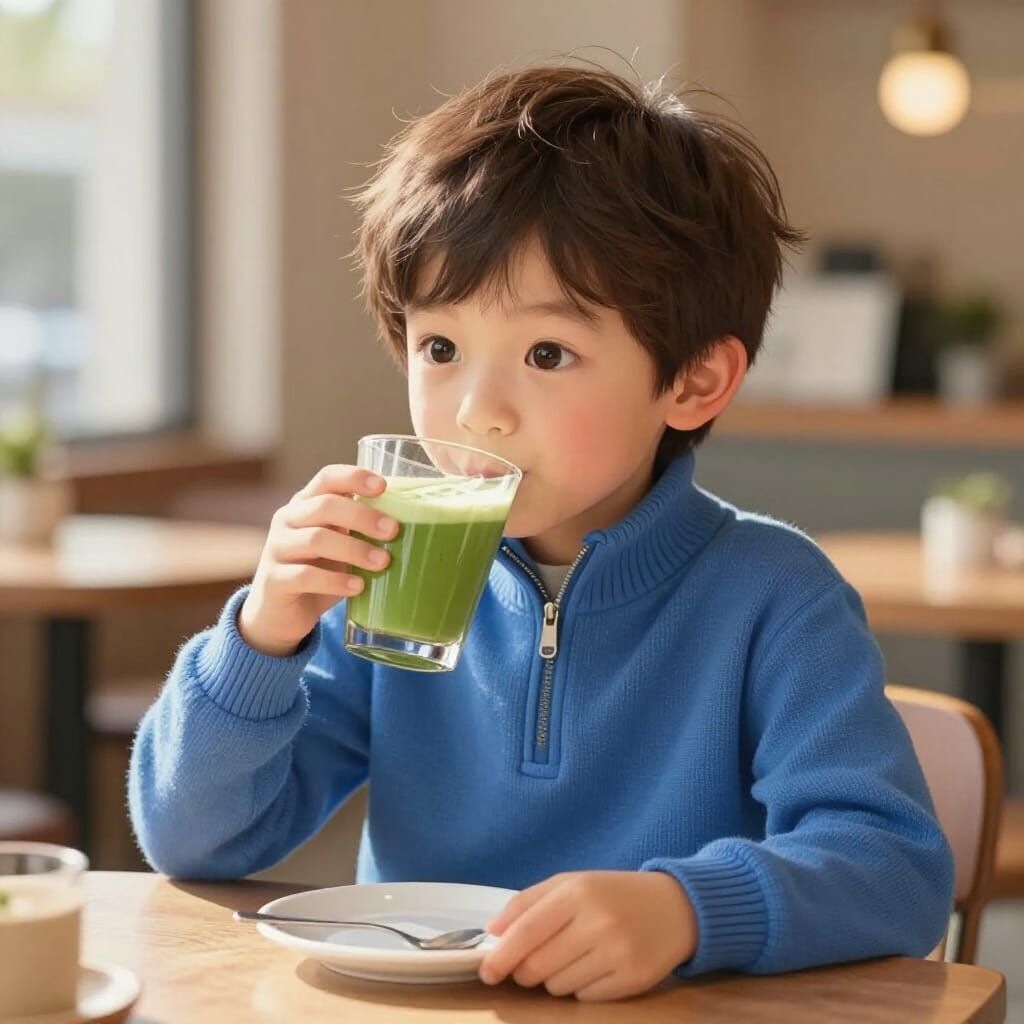 Boy Enjoys Matcha Latte in Sunlit Cafe
