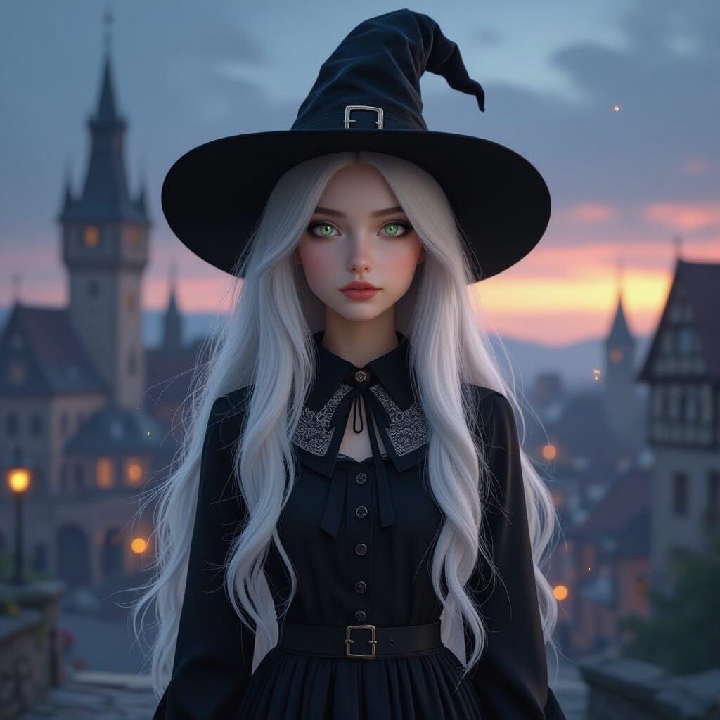 Young Witch in Fantasy City at Dusk