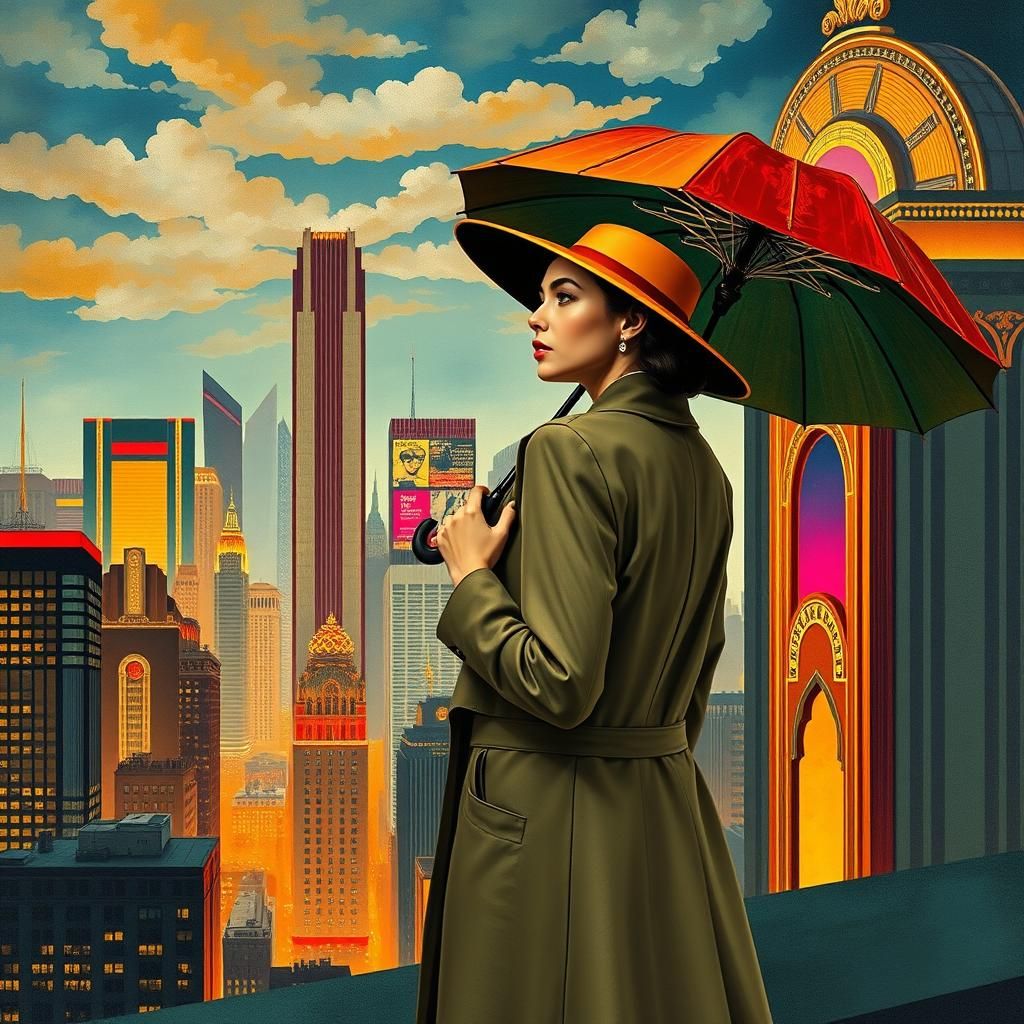 Art Deco Woman with Umbrella in Cityscape