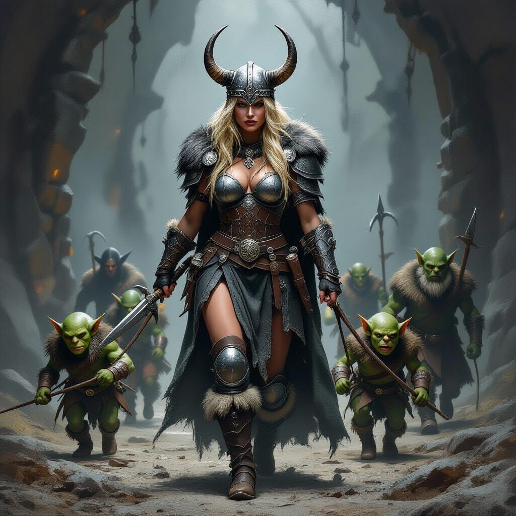 Viking Warrior Leads Goblins in Dark Fantasy Style