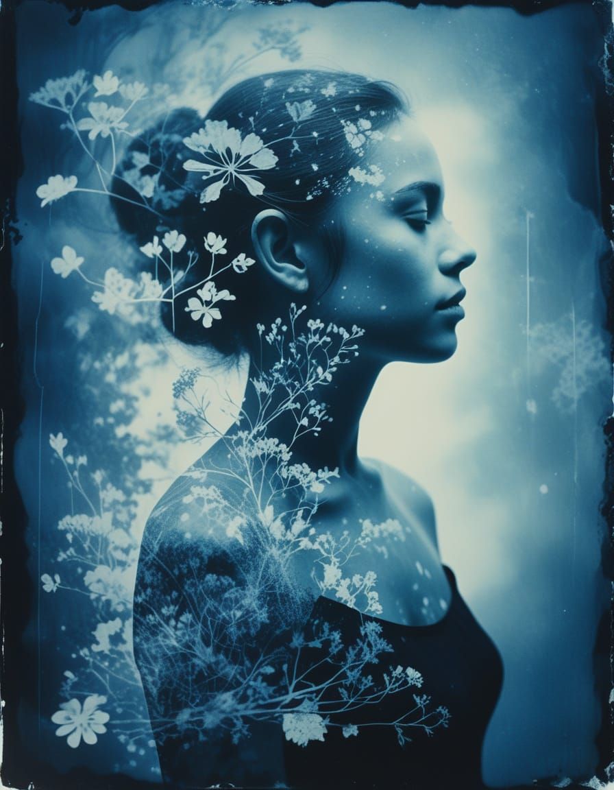 Ethereal Dark Double Exposure Cyanotype Art