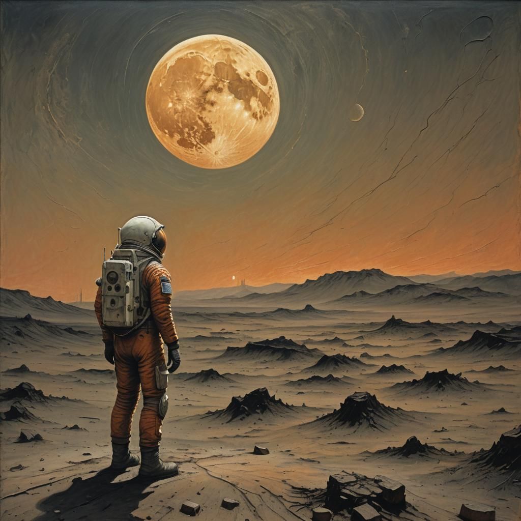 Wounded Astronaut on Barren Moon, in Surrealist Style