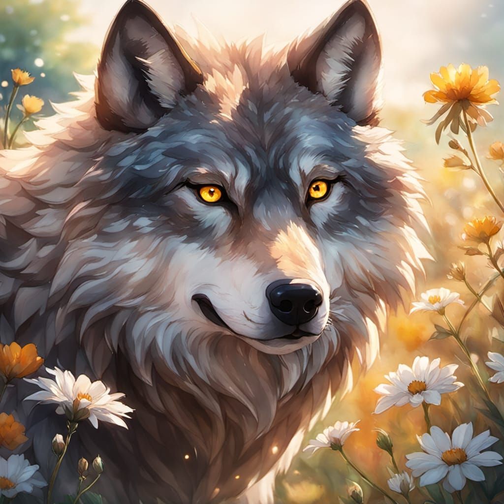 Anime Wolf with Wildflower Crown in Watercolor Style