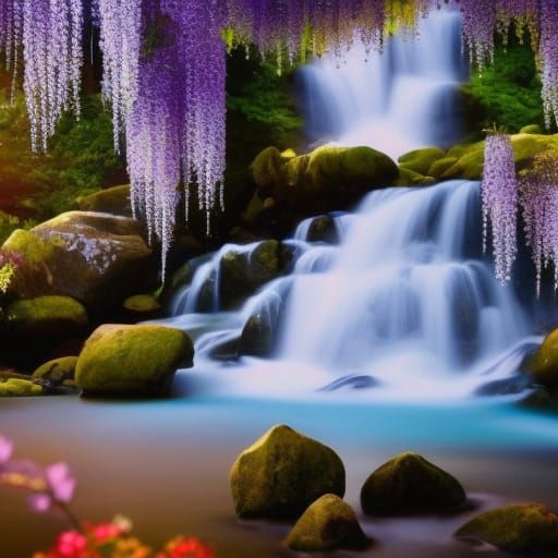 Night Waterfall with Wisteria and Milky Way